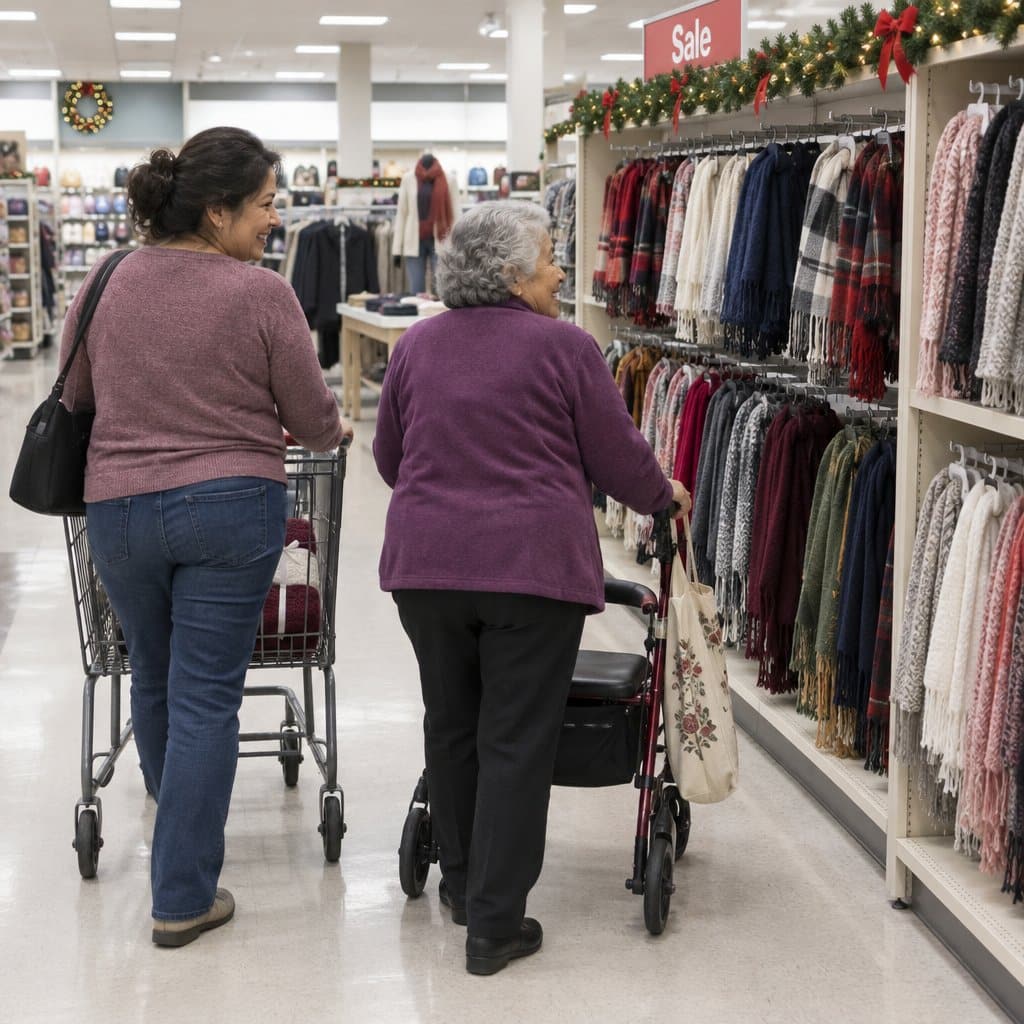 Older woman using a walker shops with her daughter in an uncrowded store aisle