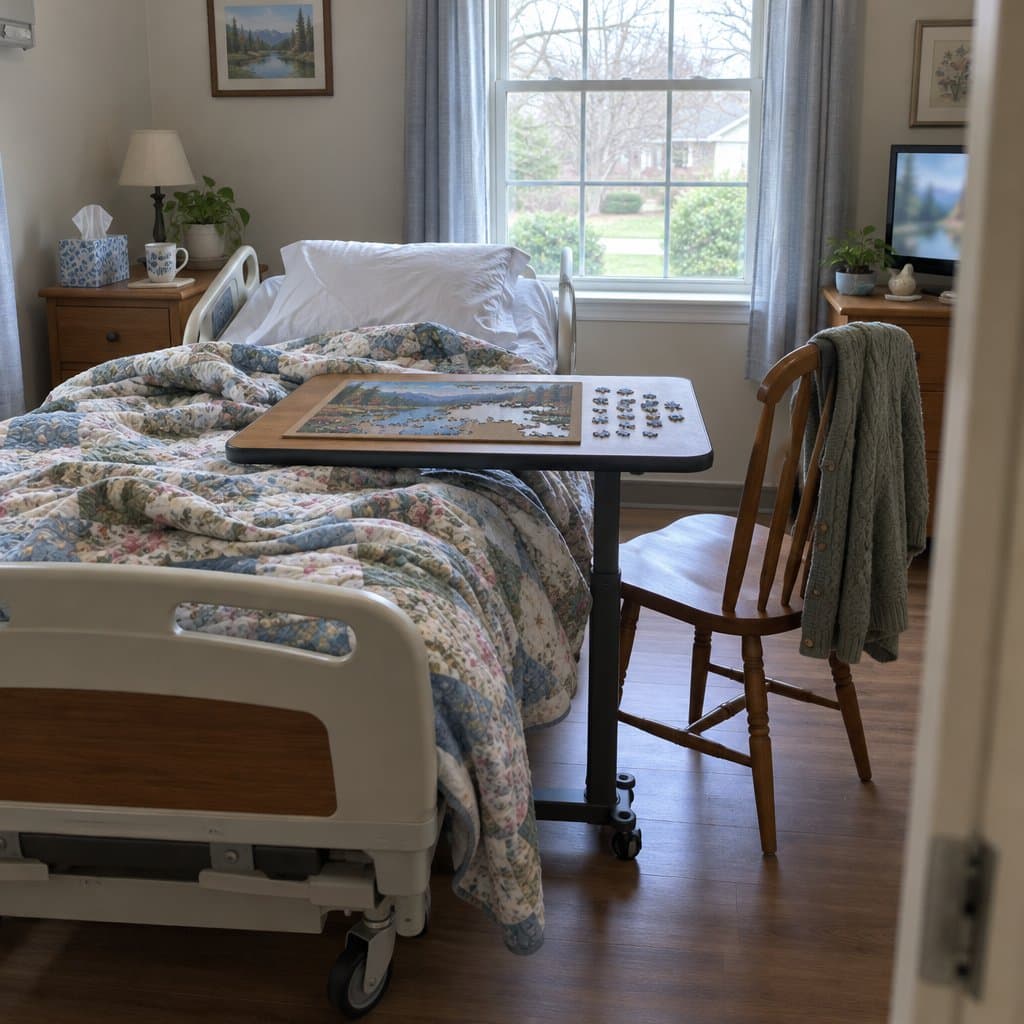 Empty bedroom with a half-finished jigsaw puzzle on an overbed table beside a hospital bed