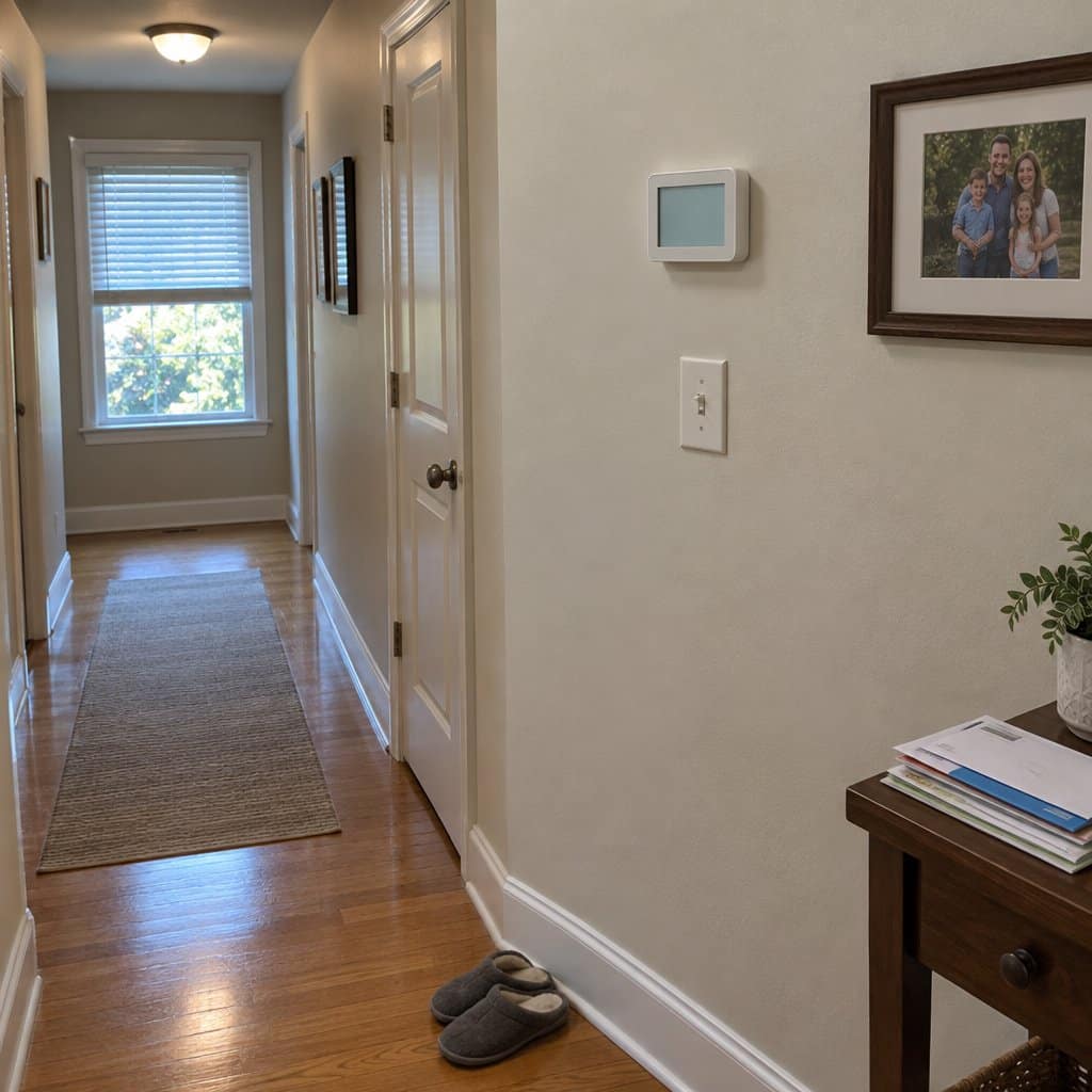Wall-mounted digital thermostat in a house hallway next to a light switch and family photo