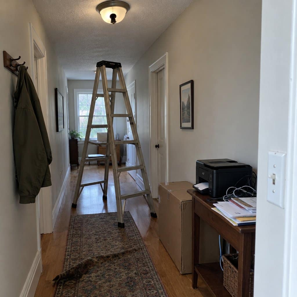 Hallway with an open stepladder, a heavy box on the floor and a printer with tangled cables on a small table