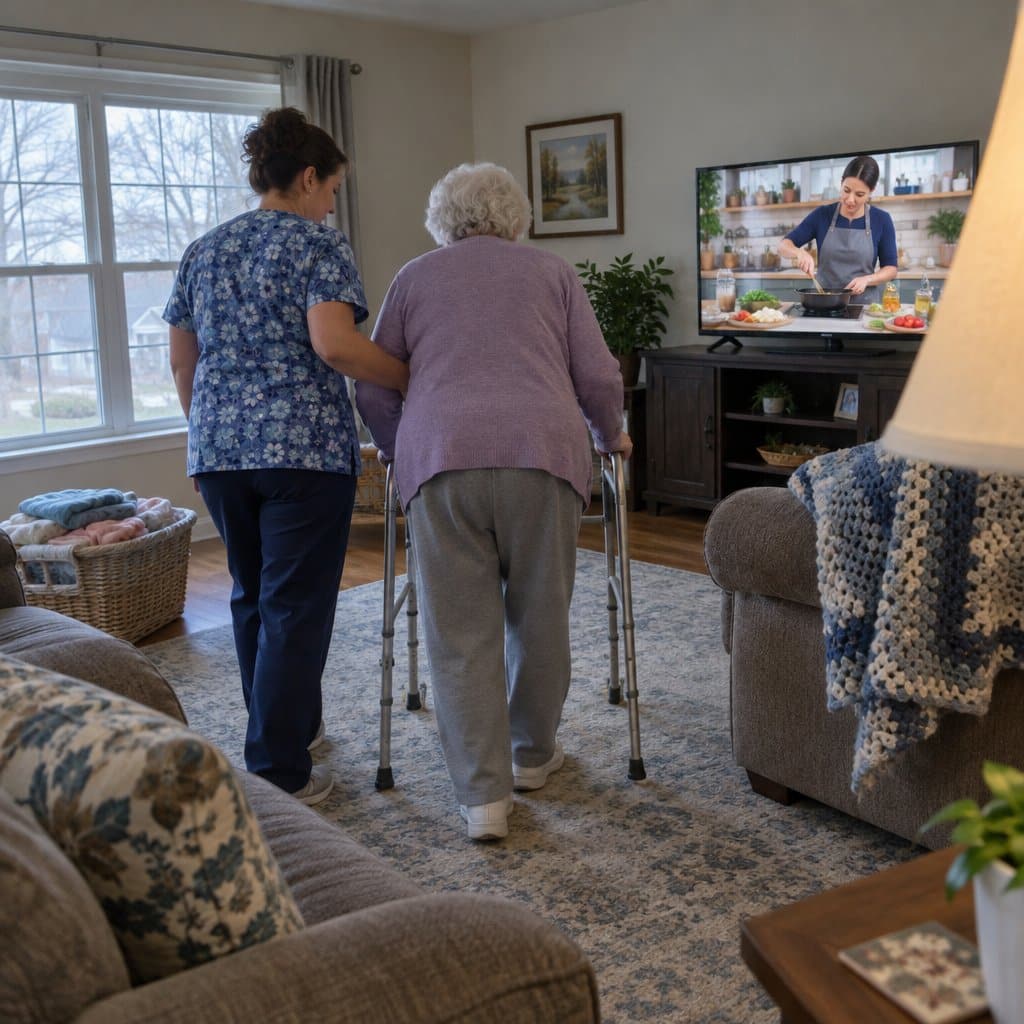Caregiver walking beside an older woman using a walker through a tidy living room