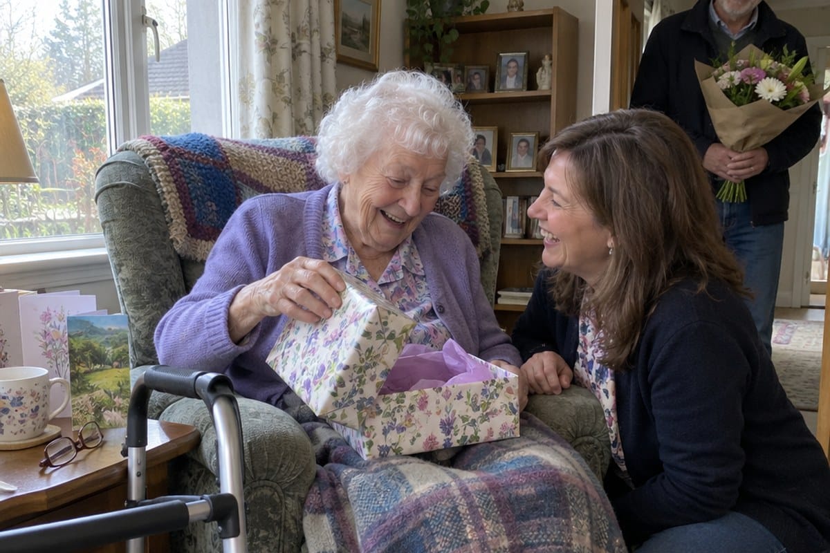 Homebound senior woman in her armchair opening a gift box as her daughter laughs beside her
