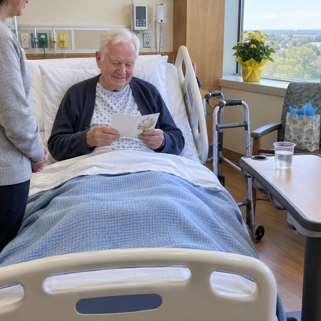 Older man in a hospital bed reading a small card, with a walker beside the bed