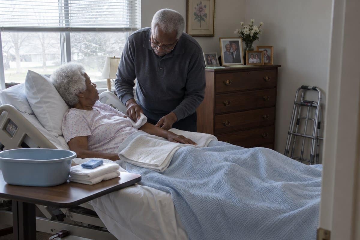 An older man gently washing the arm of an older woman lying in a bed at home, with a basin and towels on a bedside tray.