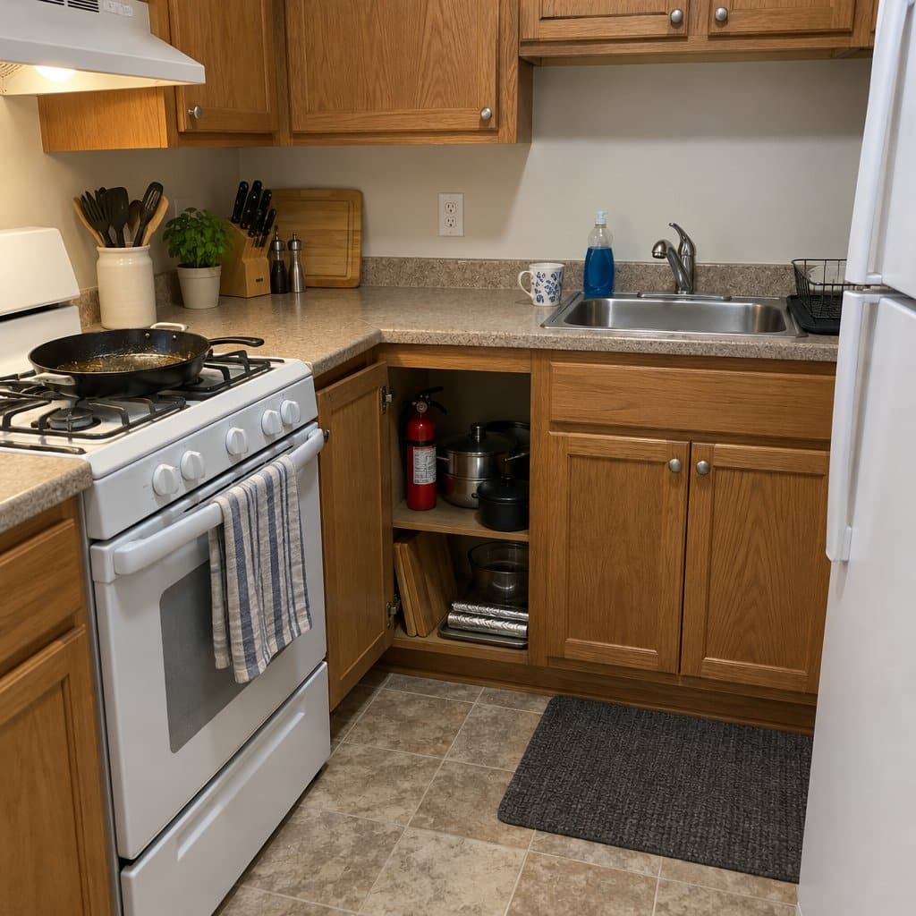 Open kitchen cabinet beside a stove with a small red fire extinguisher stored inside among pots and a skillet on the burner