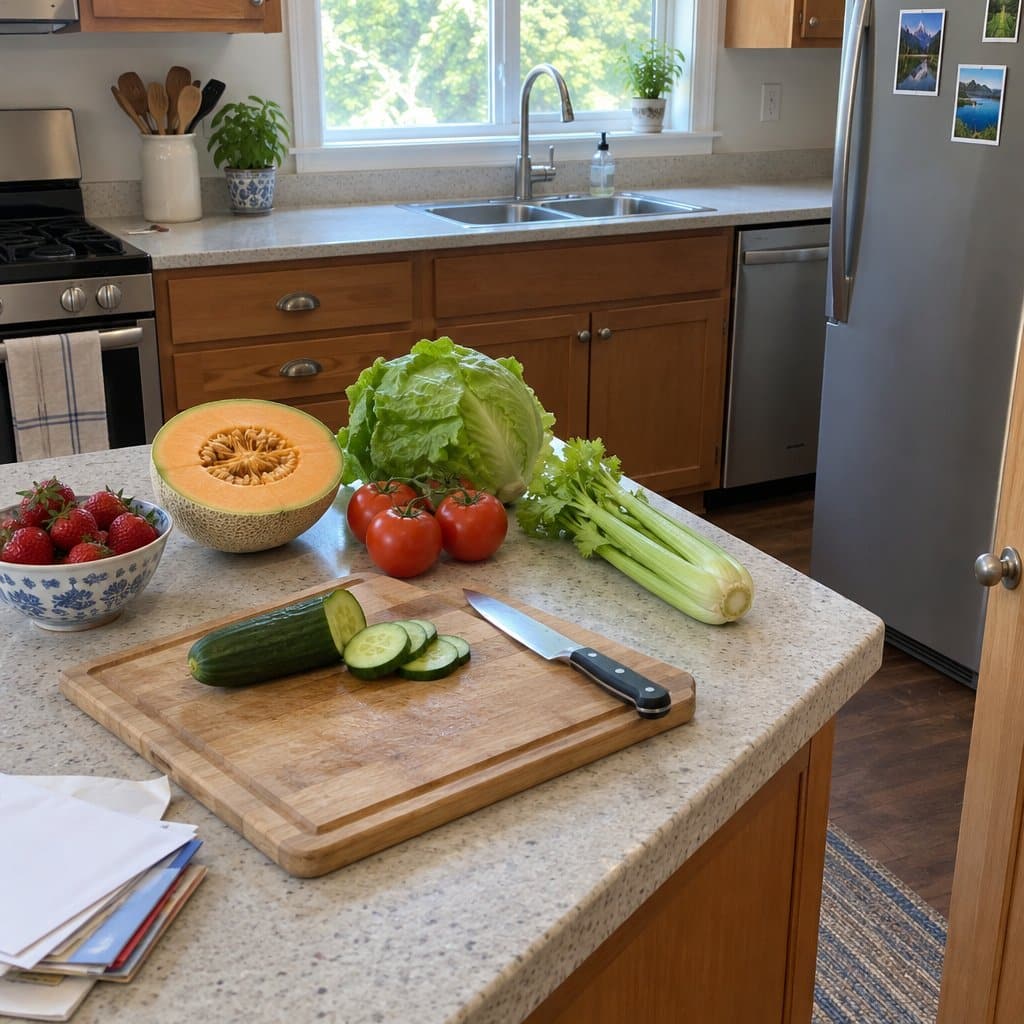 Kitchen counter with sliced cucumber, cantaloupe, tomatoes, lettuce, celery and strawberries on a cutting board