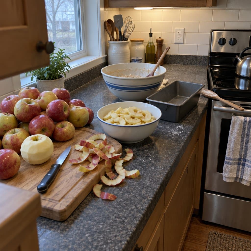Kitchen counter with a pile of apples, peels, a knife and baking pans ready for apple bread