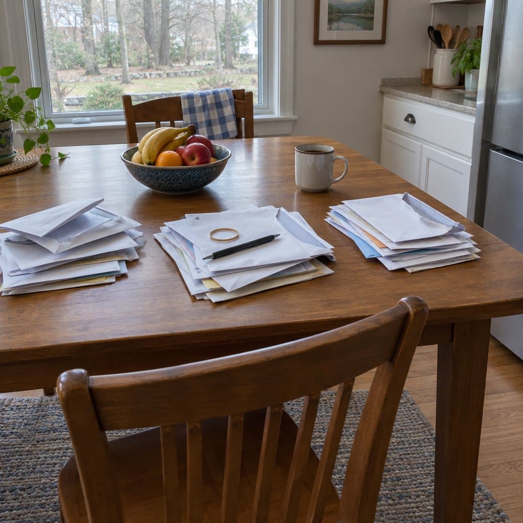 Kitchen table with three separate piles of opened bills and a pen beside an empty chair