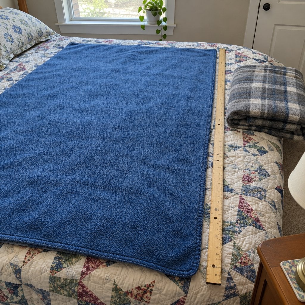 Fleece lap blanket spread on a bed with a yardstick measuring its length