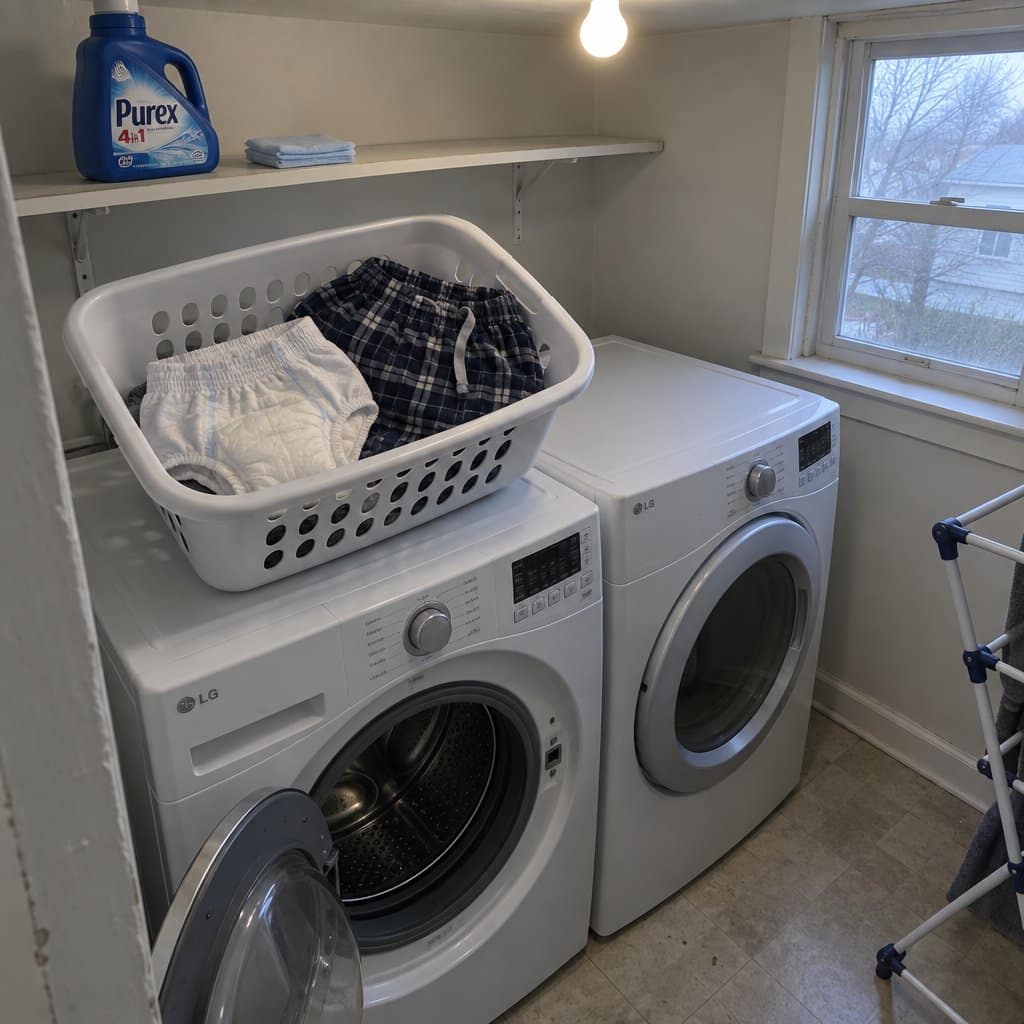 A laundry basket holding incontinence underwear and pajama bottoms sits on top of a front-loading washer with the door open, detergent jug on the shelf above