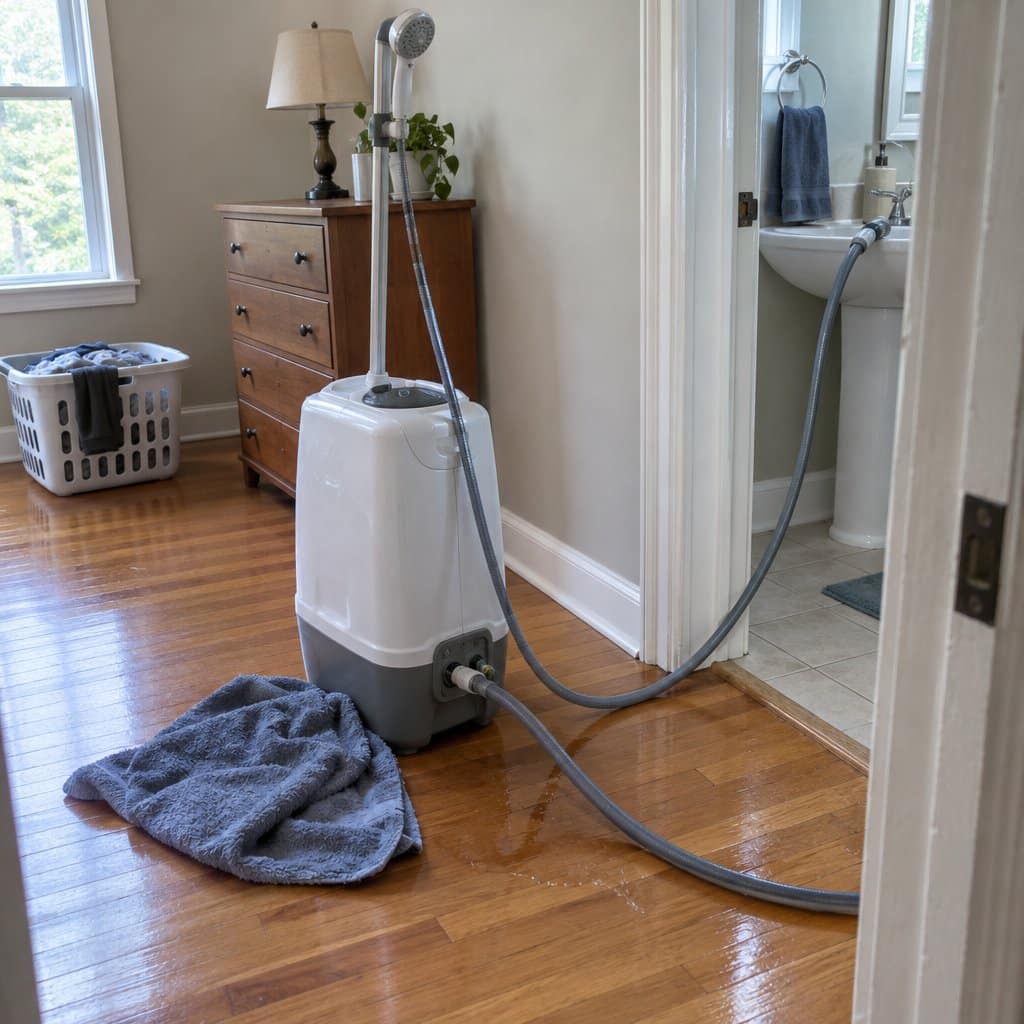 Portable shower unit in a room with a hose running to a sink and a small puddle on the floor.