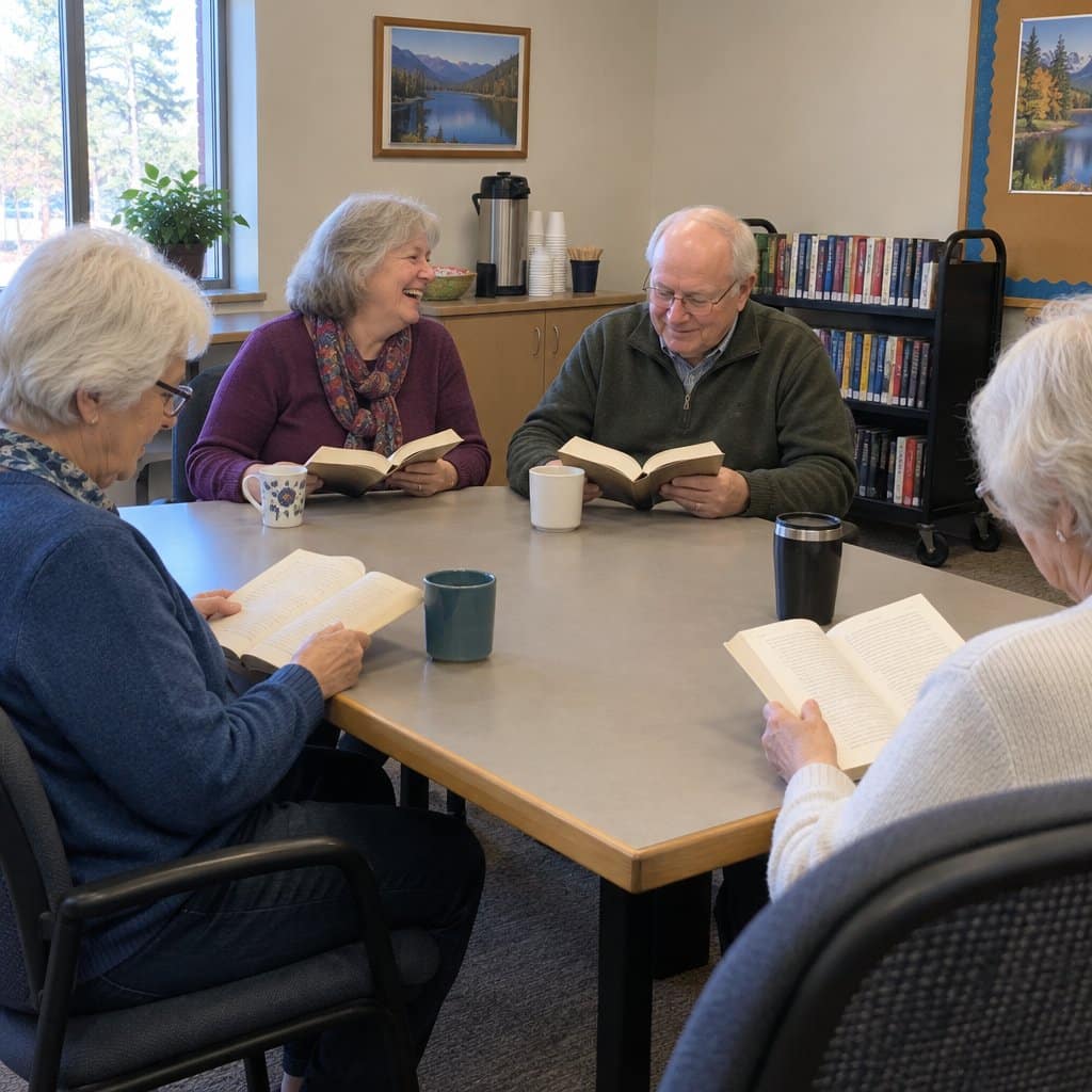 Four older adults chatting around a table with books in a library meeting room