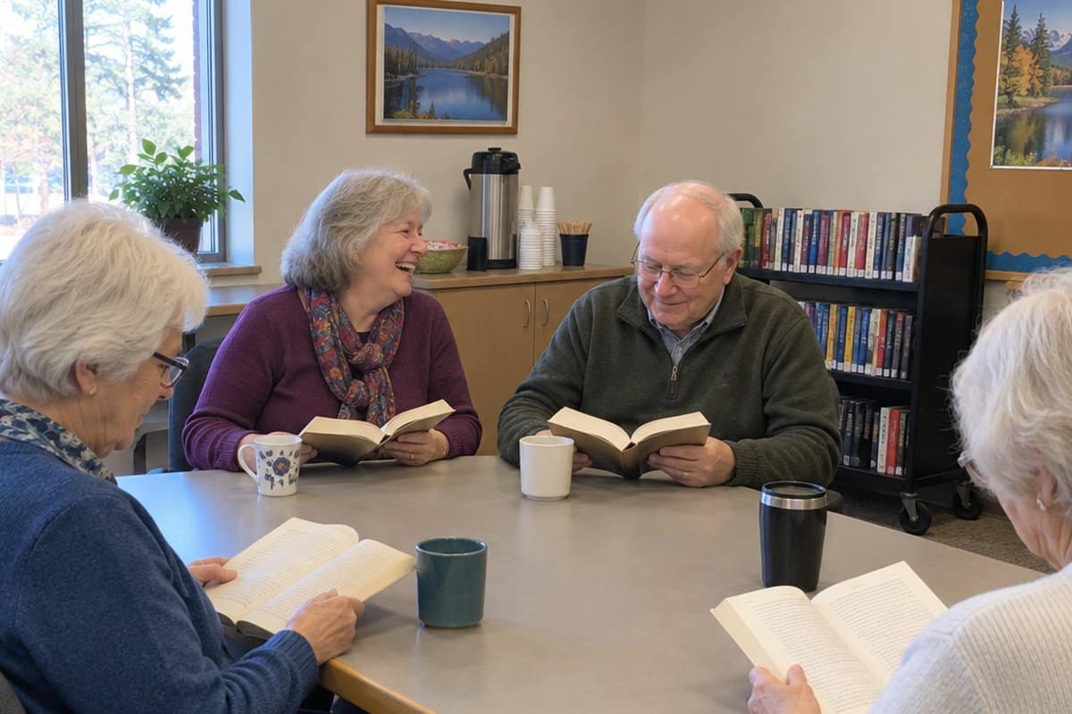 Four older adults chatting around a table with books in a library meeting room