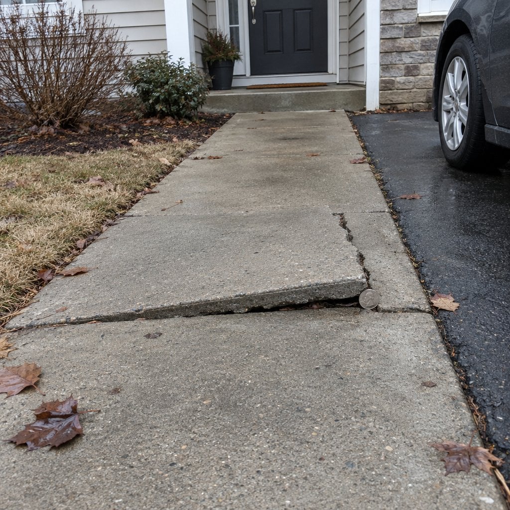 Cracked and lifted concrete walkway slab with a quarter standing in the gap