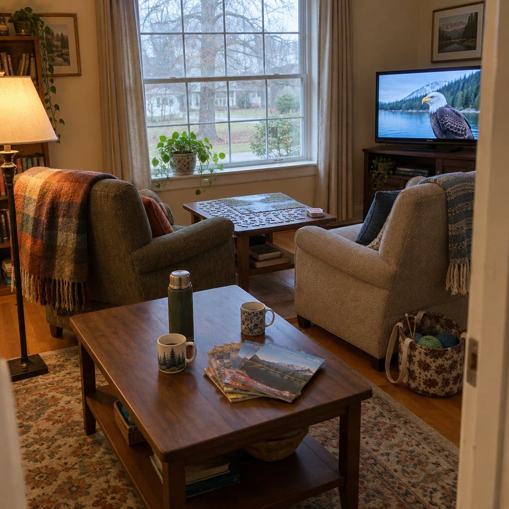 Living room with two armchairs angled toward a window, a jigsaw puzzle on a side table, and a thermos and mugs on the coffee table
