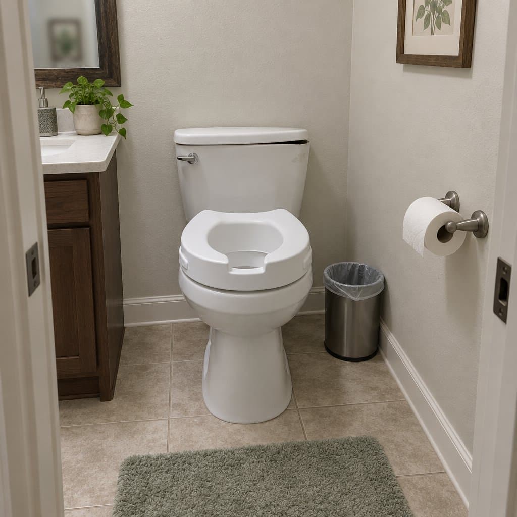 Raised toilet seat sitting crooked on a toilet bowl with a scuff mark on the porcelain