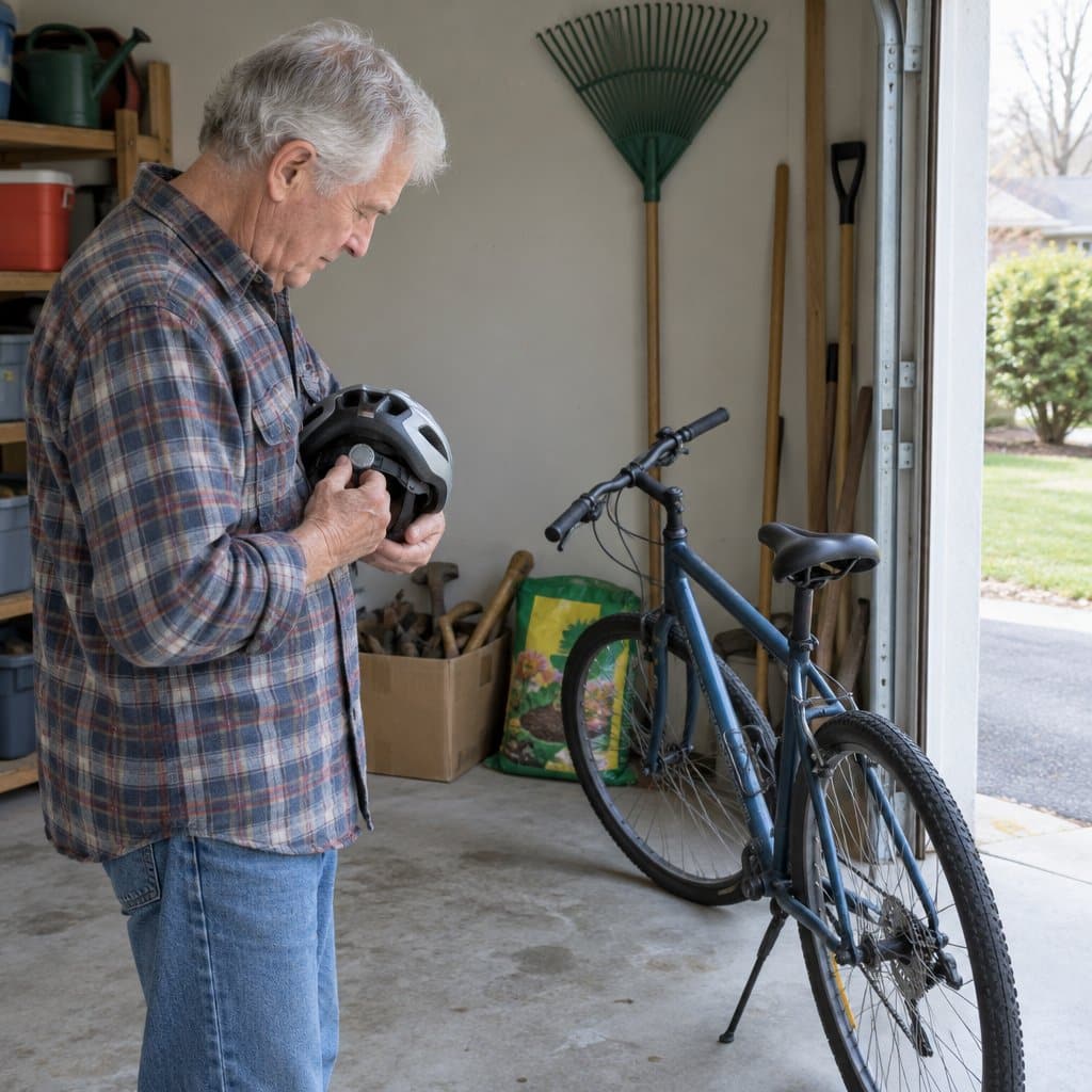 Older man in a garage turning the fit dial on a bike helmet beside his bicycle