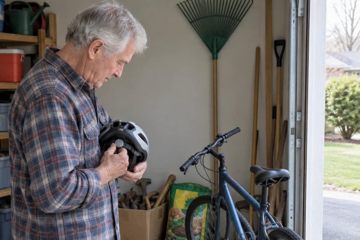 Older man in a garage turning the fit dial on a bike helmet beside his bicycle