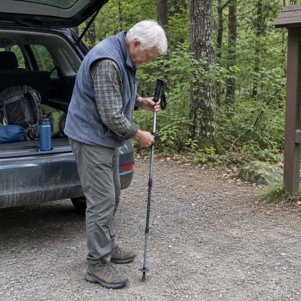 Older man at a trailhead adjusting the length of a trekking pole beside a car with open hatch