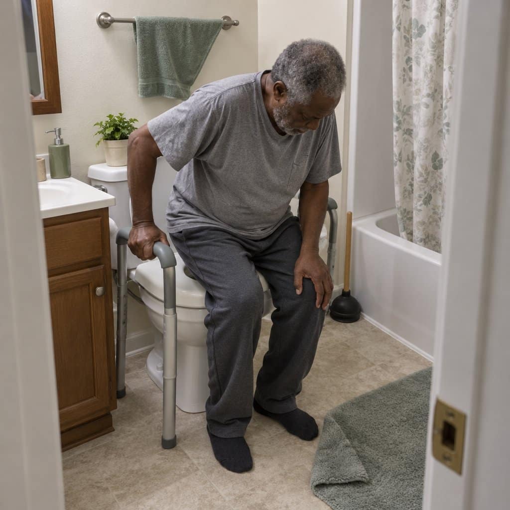 Older man lowering himself onto a raised toilet seat with padded arms in a home bathroom