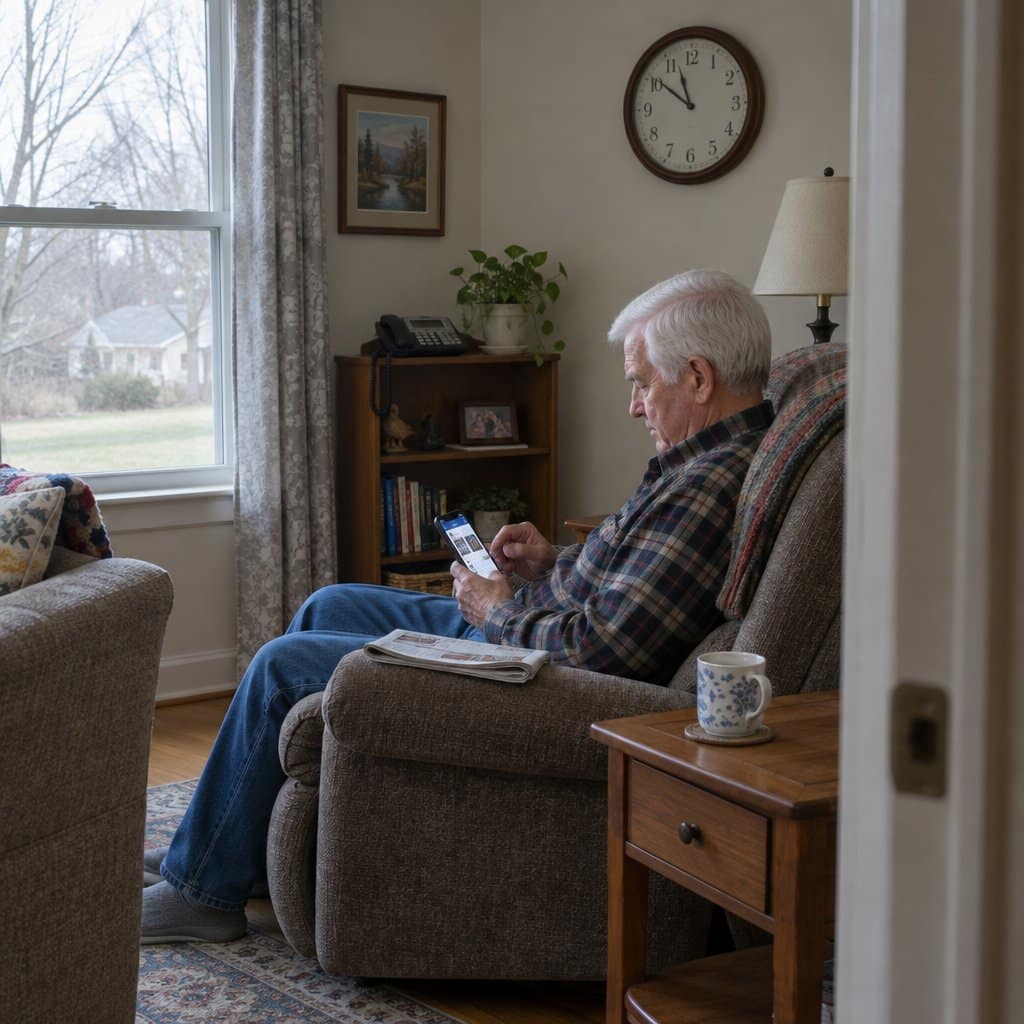 Older man in a recliner looking down at his phone in a quiet living room