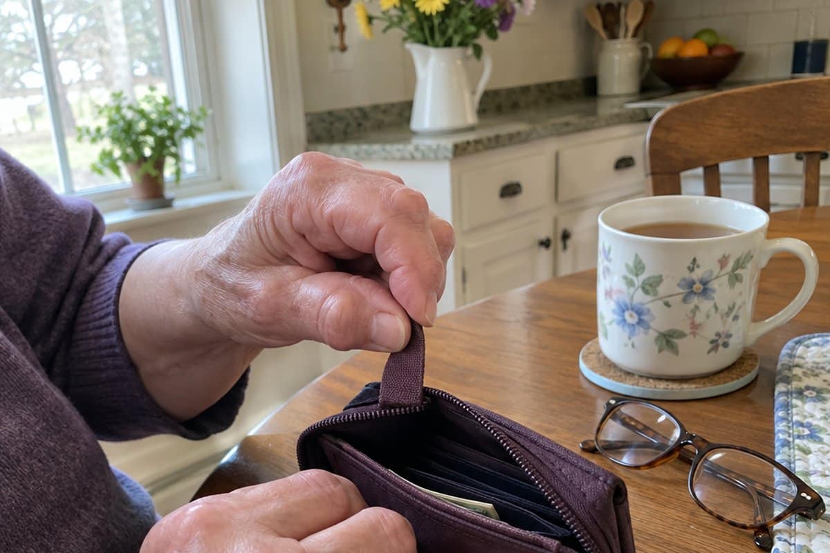 Older woman's arthritic hands easily open a slim fabric wallet by its large pull tab beside tea and reading glasses