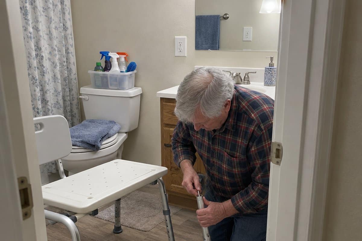 Older man kneeling on a bathroom floor assembling a tub transfer bench frame