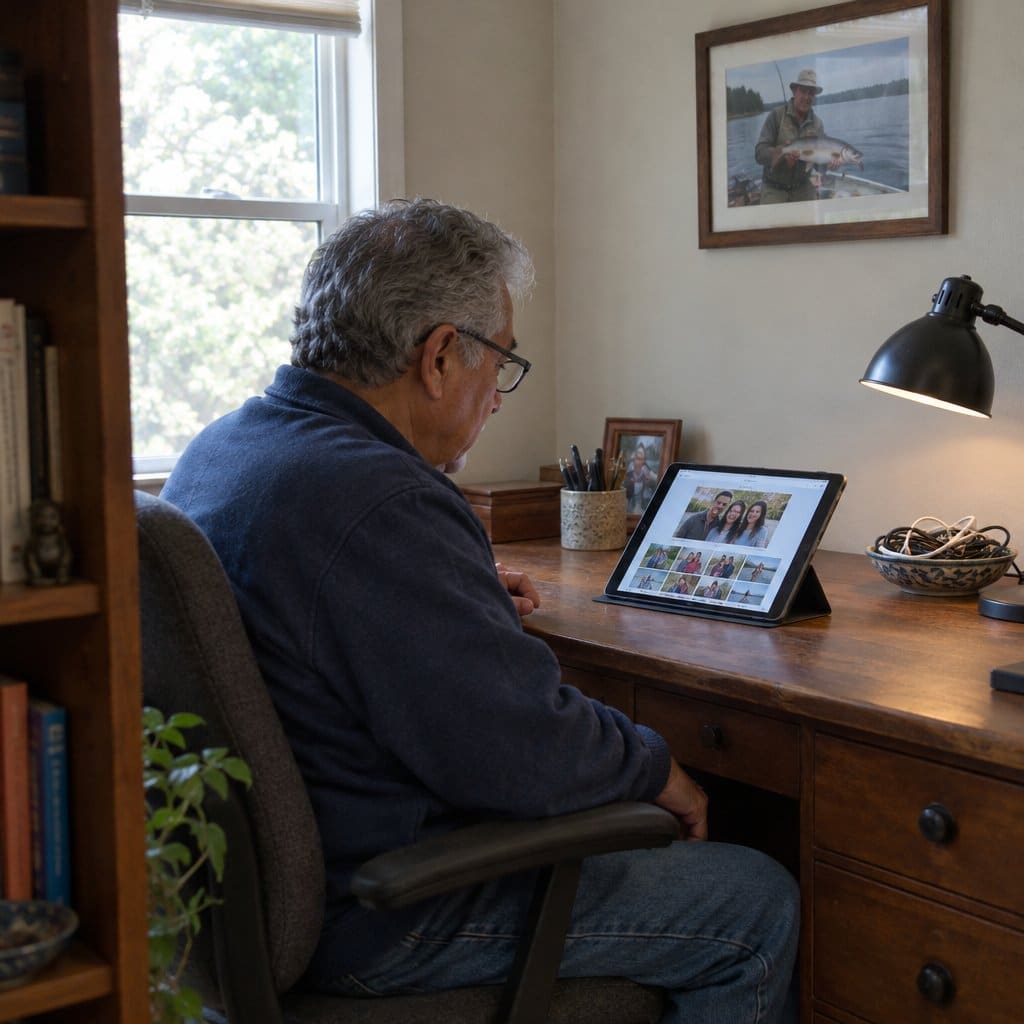 Older man at a desk looking at family photos on a tablet in a den