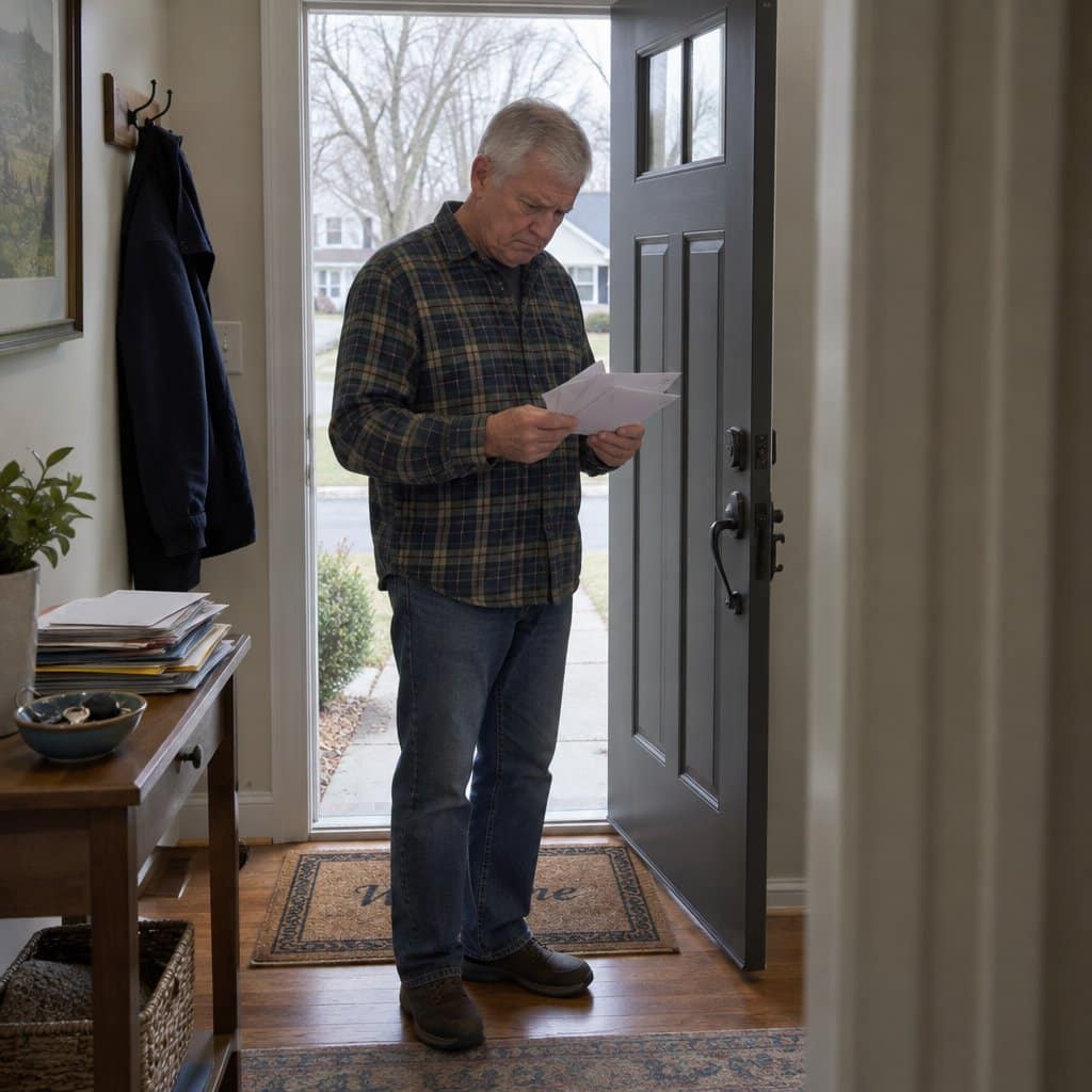 Older man standing at his open front door looking down at three envelopes in his hand
