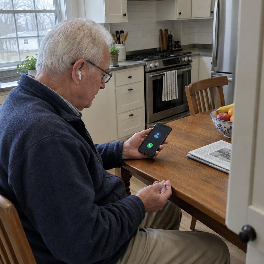Older man at a kitchen table with an earbud in his ear looking at his phone
