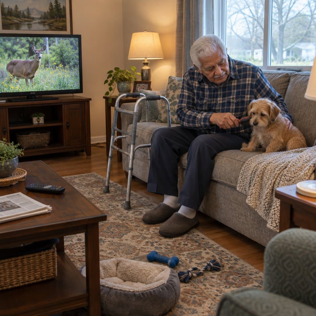Older man with a walker beside him brushing a small tan dog on a sofa