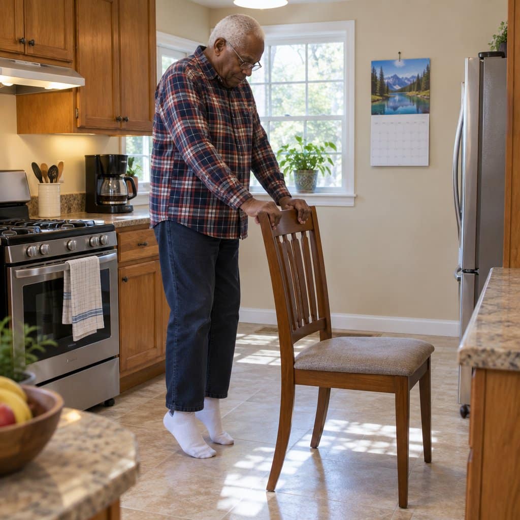 Older man holding a kitchen chair back while rising onto his toes in a kitchen