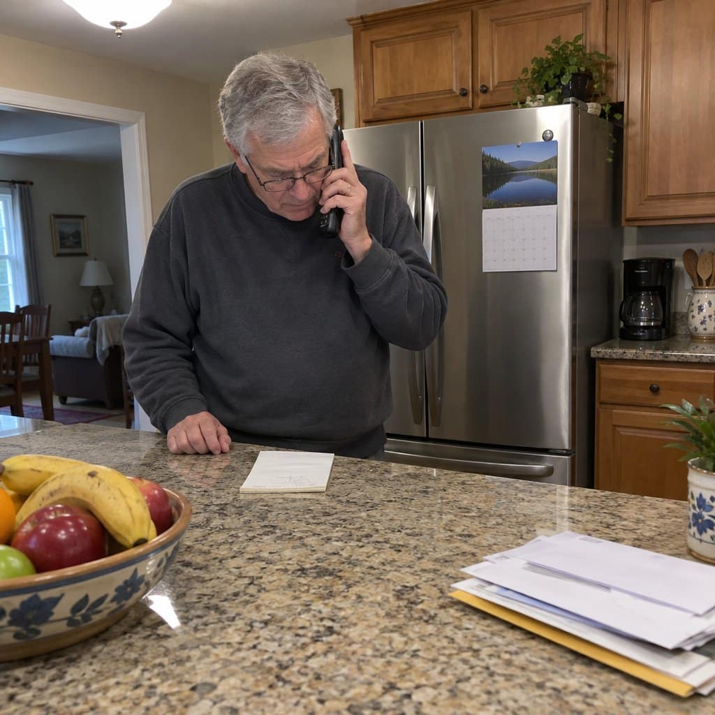 Older man in a kitchen on a phone call, looking down at a notepad with scribbled notes