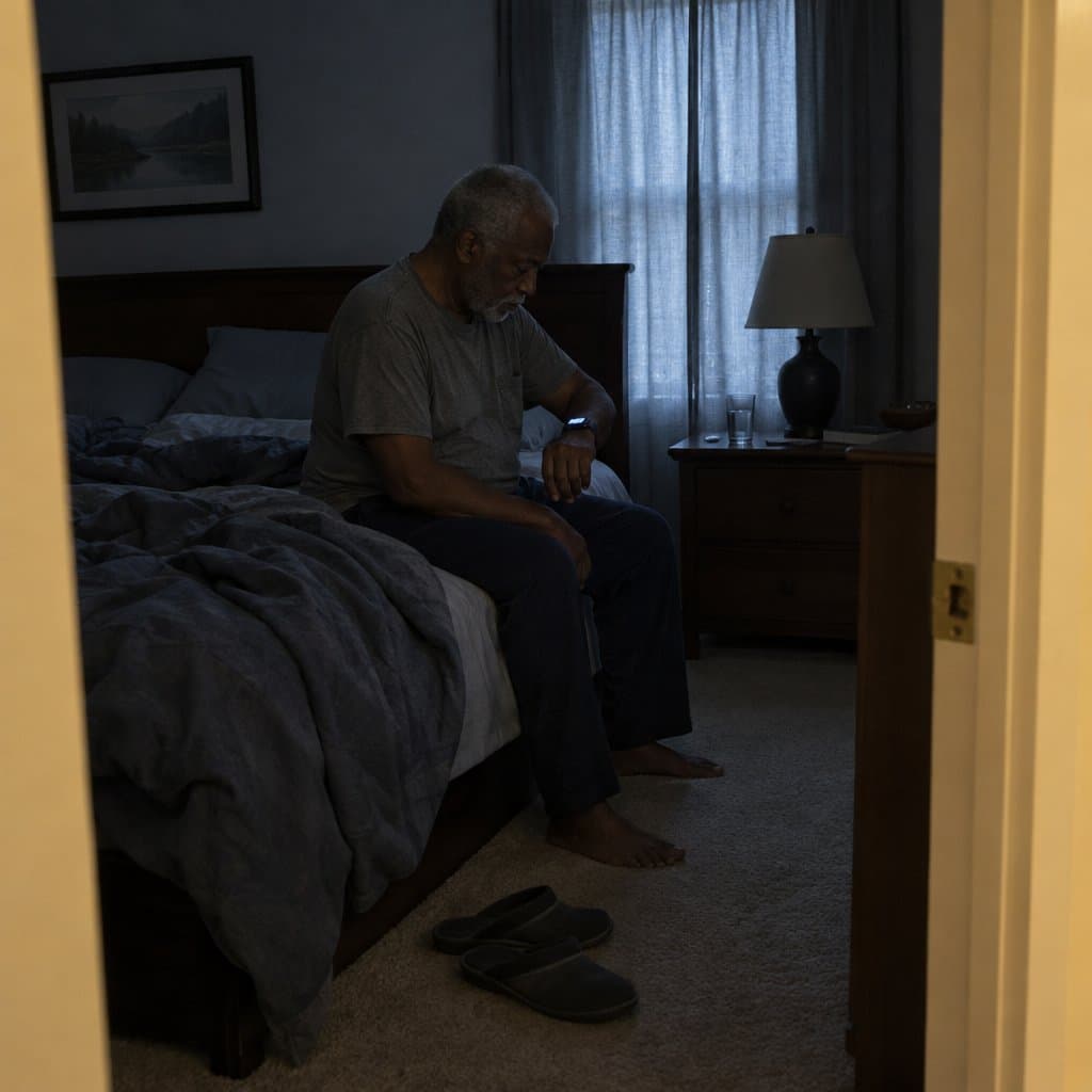 Older man sitting on a bed checking a glowing digital watch in a dim bedroom