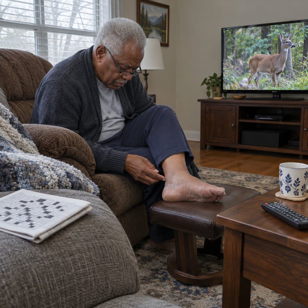 Older man in a recliner leaning down to inspect the heel of his bare foot