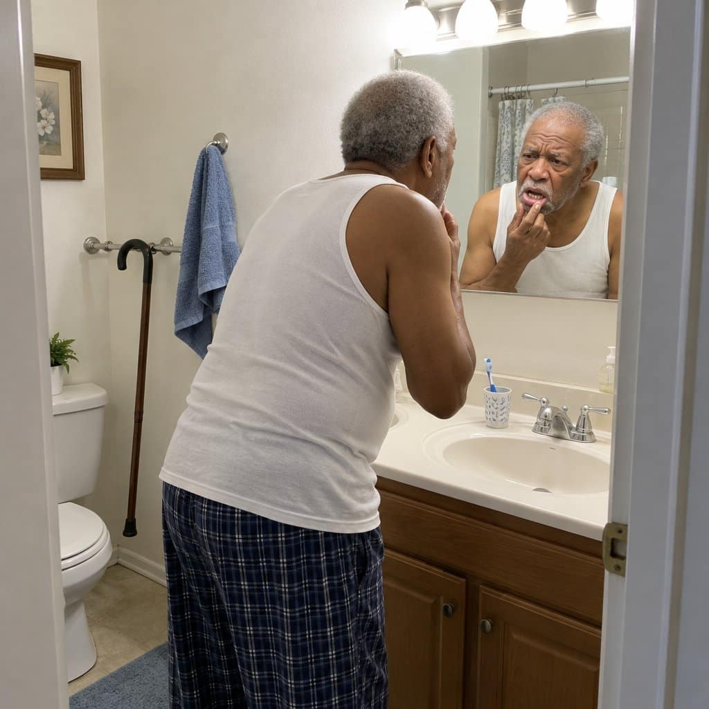 Older man in a bathroom pulling down his lip to examine his gums in the mirror