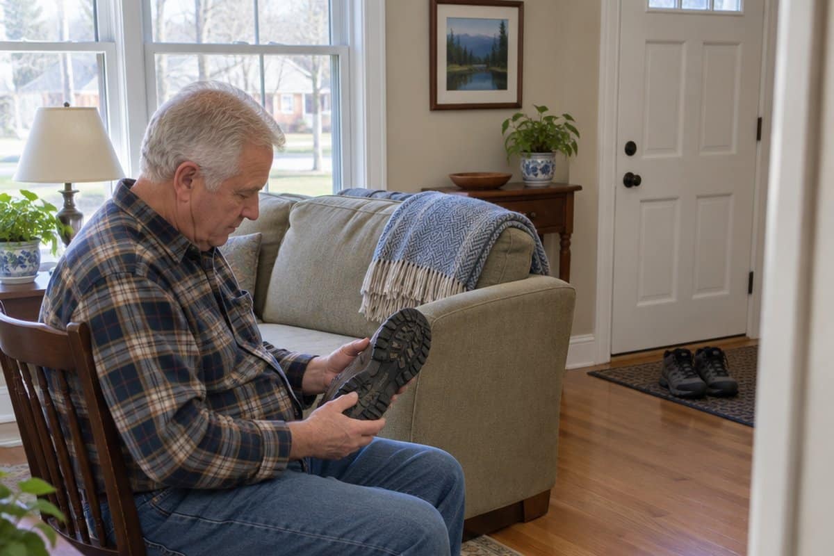 Older man seated indoors turning a walking shoe over to inspect its tread