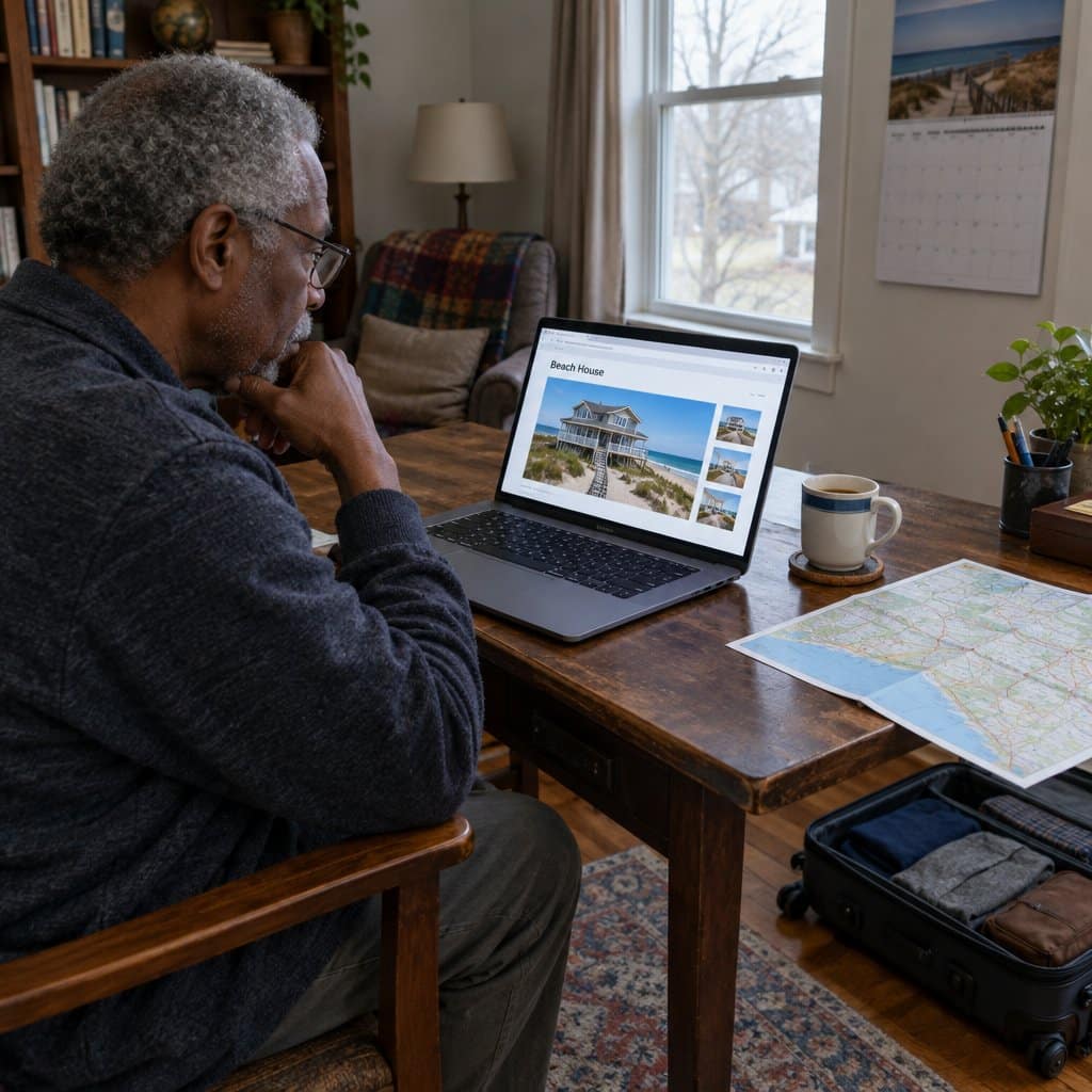 Older man at a desk studying a vacation rental listing on a laptop