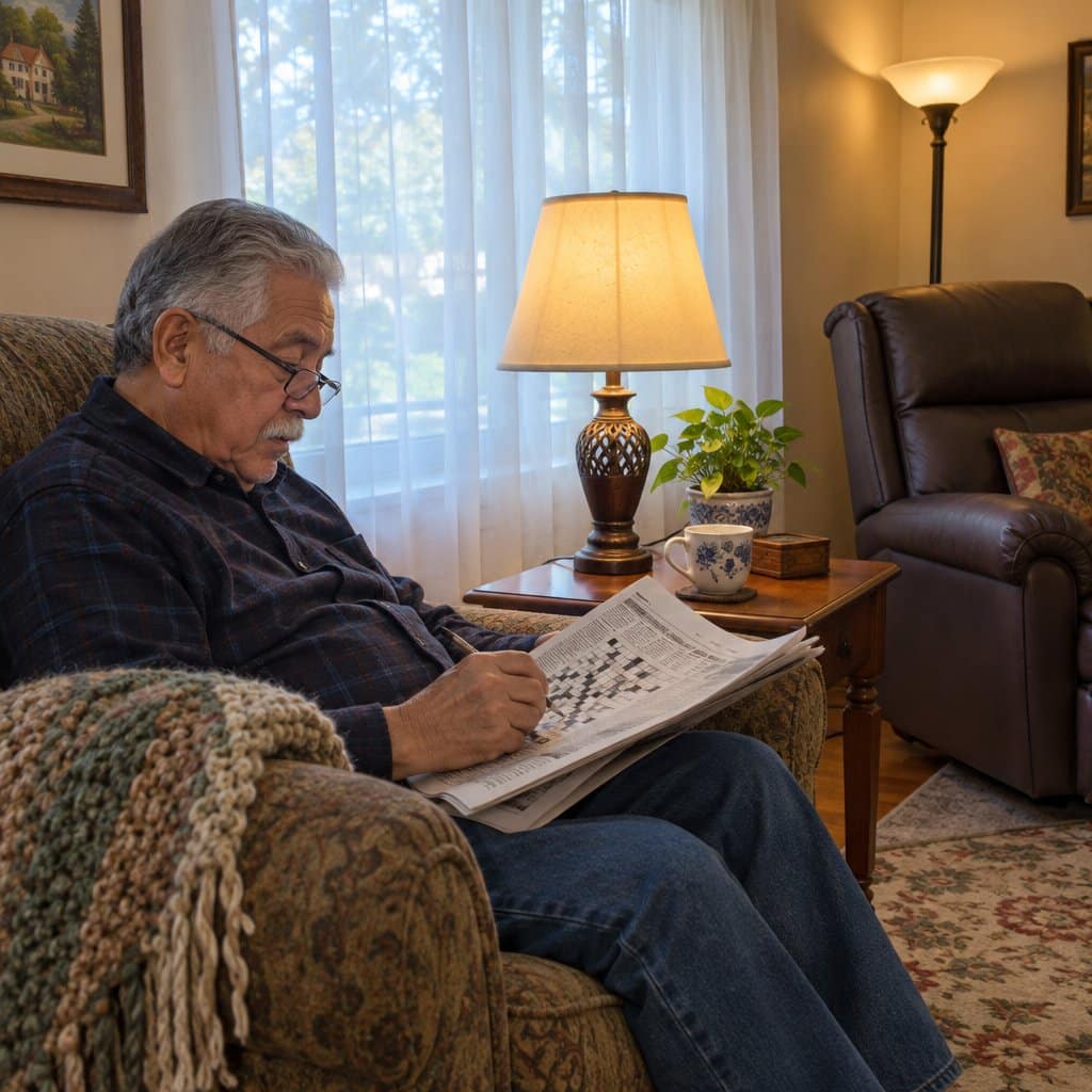 Older man doing a crossword in an armchair next to a lit table lamp