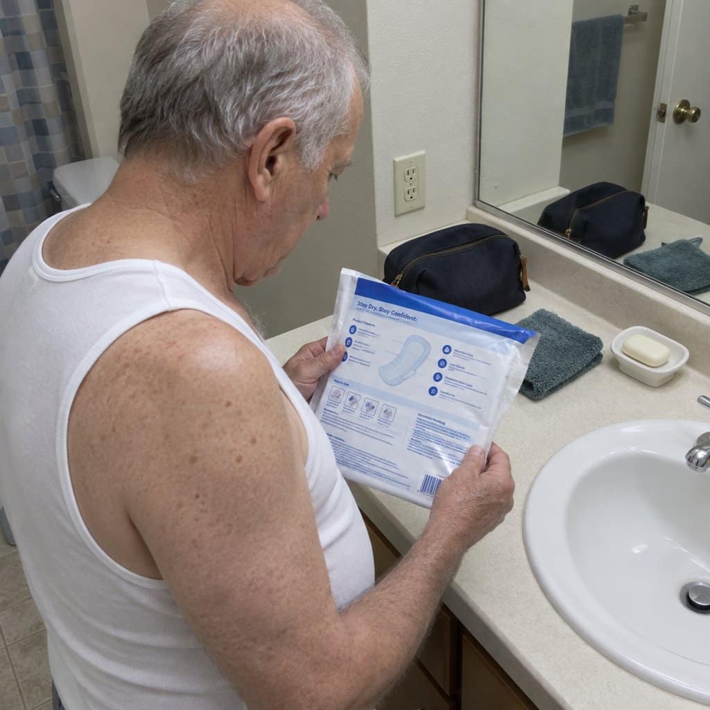 An older man standing at a bathroom counter at night, holding an incontinence pad insert and reading the packaging