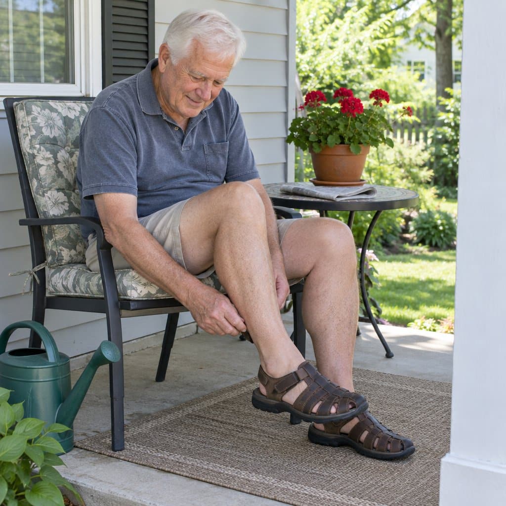 Older man seated on a porch fastening the heel strap of a closed-toe leather sandal