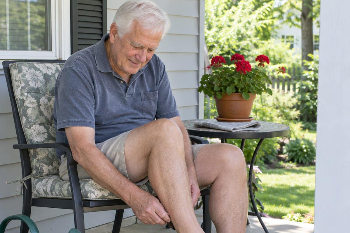 Older man seated on a porch fastening the heel strap of a closed-toe leather sandal