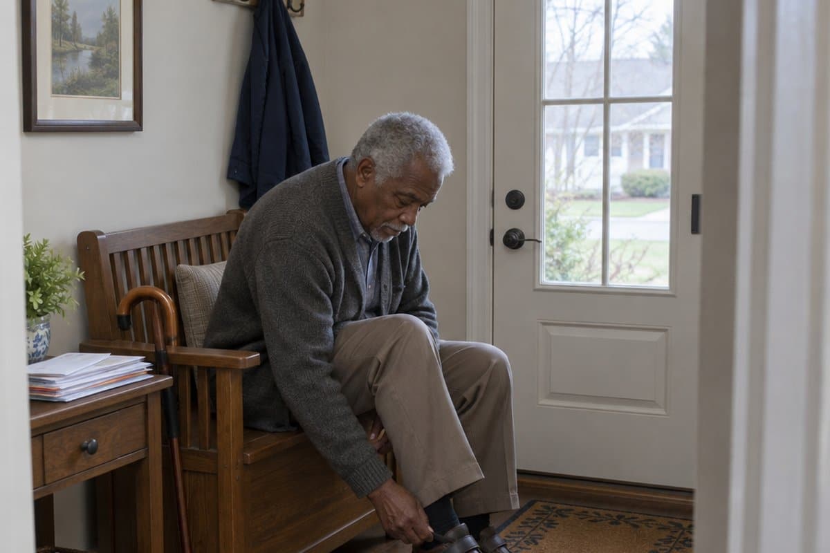 Older man on an entryway bench fastening the strap of a walking shoe, cane beside him