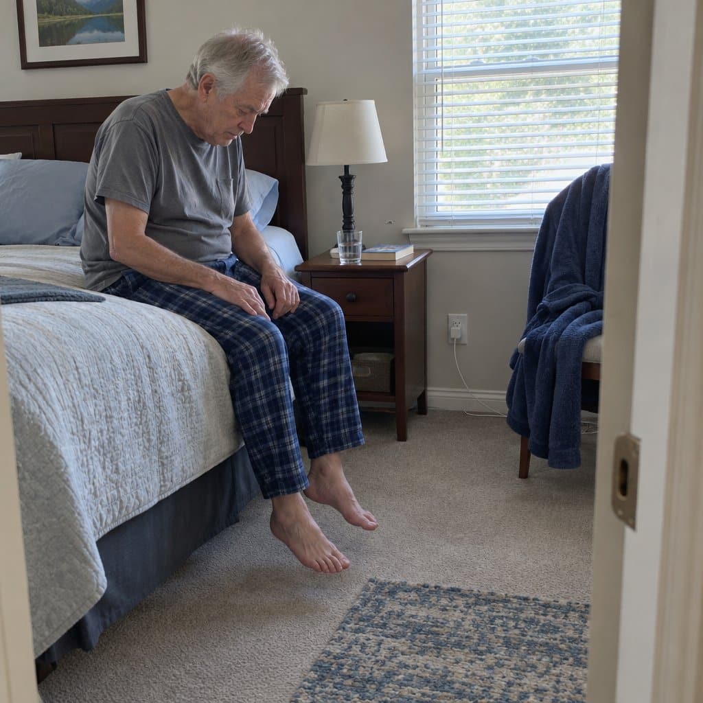 Older man sitting on the edge of a tall bed with his feet not reaching the floor