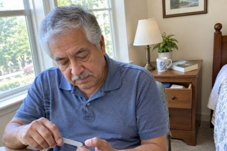 Older man filing his nail at a table with an open compact grooming kit