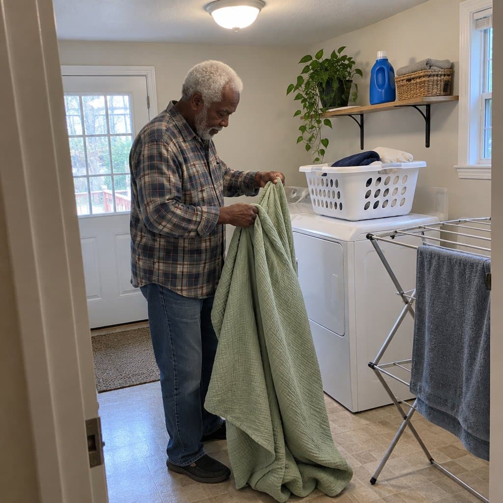 Older man folding a large light green muslin blanket beside a dryer in a laundry room