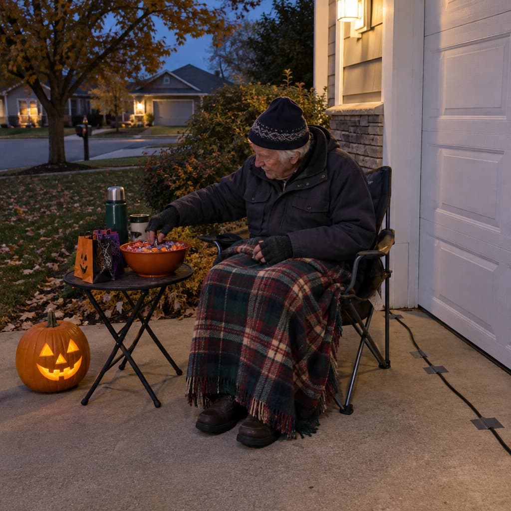 Older man in hat and gloves seated in a driveway with a blanket, candy bowl on a small table