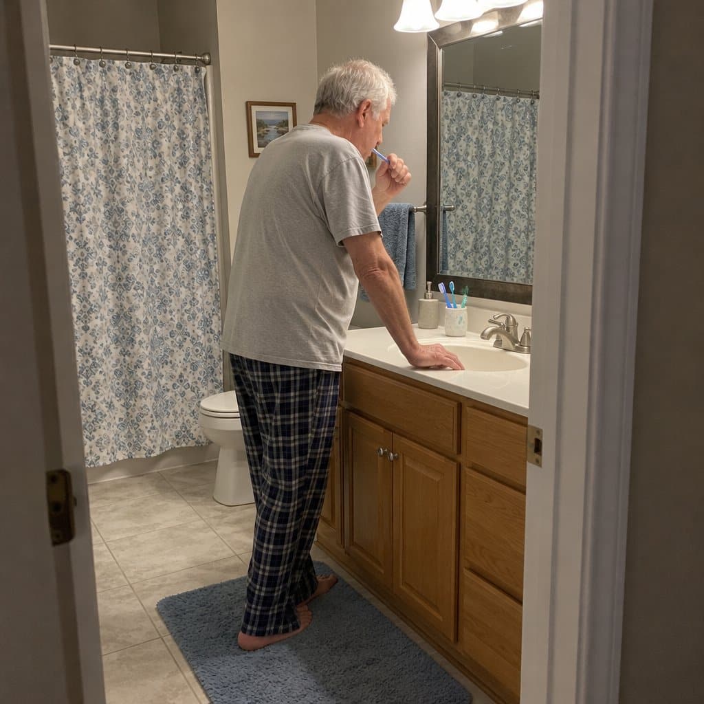 Older man standing heel to toe at a bathroom sink while brushing his teeth