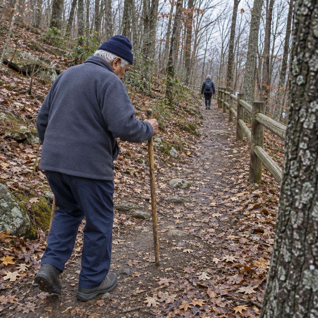Older man in a fleece jacket and knit cap hiking uphill on a trail with a wooden walking stick.