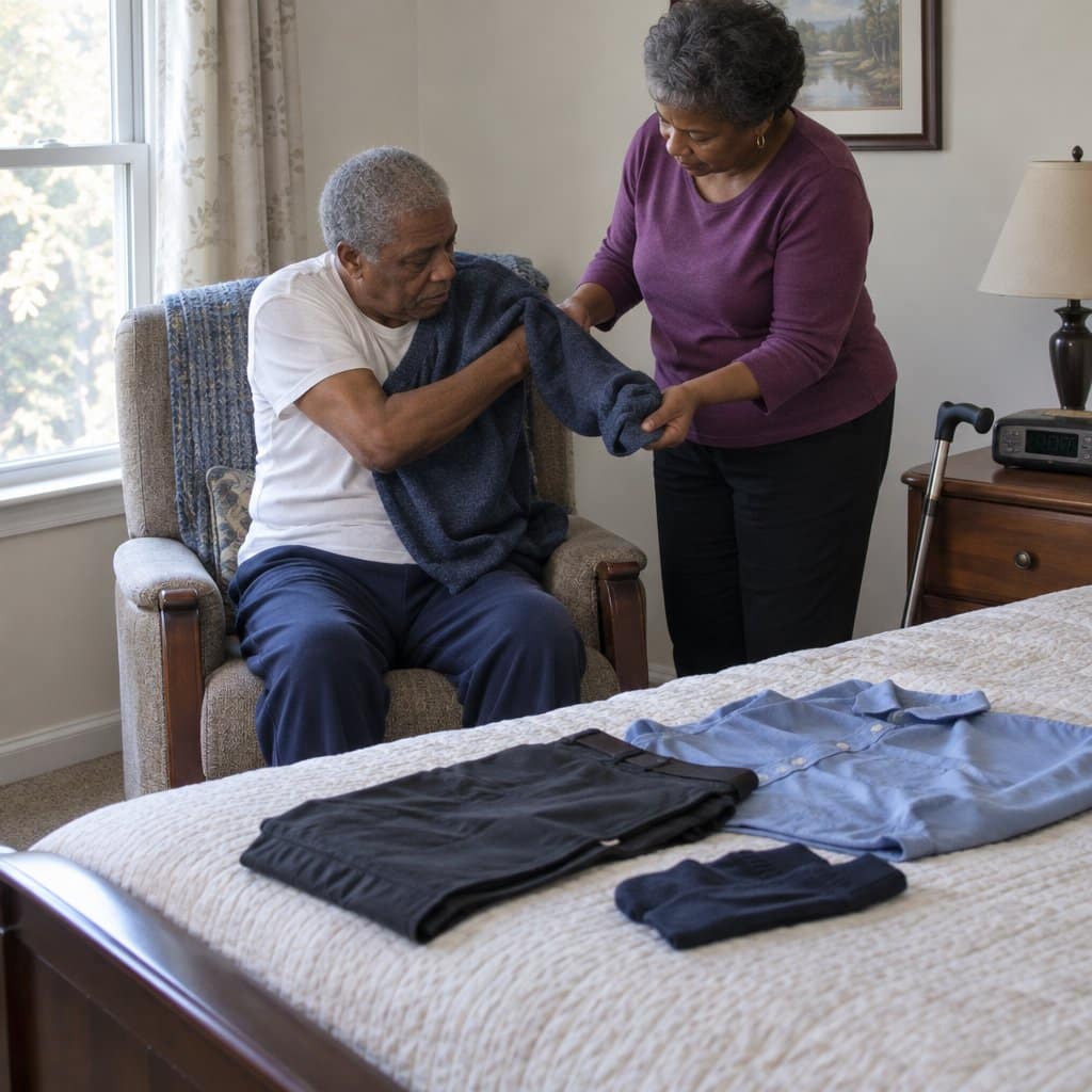 Older man seated in an armchair putting his arm into a pullover sleeve while his wife helps